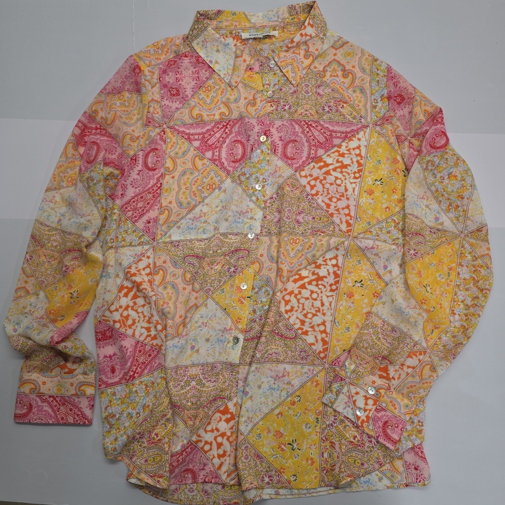Rose + Olive Women XL Patchwork Paisley Button Down Shirt Pink Yellow Floral
